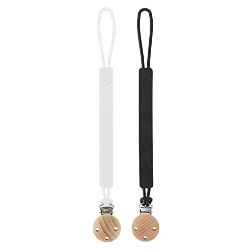 Dirbabi Silicone Pacifier Clip Holder for Baby Boy and Girl, Fits for Most Pacifier Teethers & Small Toys in Place, BPA Free (White+Black)