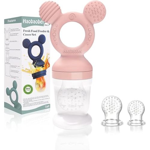 Baby Fruit Feeder, Frozen Teething Toys, Teether Pacifier with 3 Extra Teats, Infant Eating Essentials, BPA Free Baby Feeding Supplies (Pink)