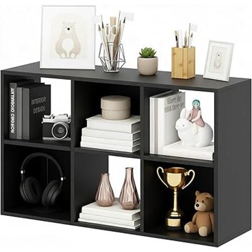 6-Cube Storage Organizer, Black Bookshelf with Open Compartments for Home Office, Modern Bookcase Display Shelf for Living Room, Bedroom & Entryway