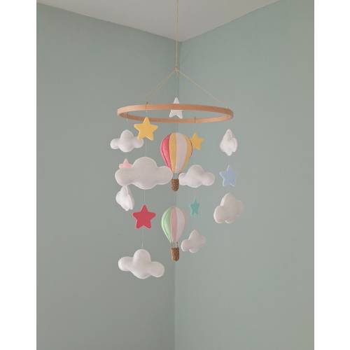 Multicoloured Pastels Nursery Mobile Hot Air Balloons White Cloud Rainbow Stars Hanging Decoration New Baby Shower Gift Pink Green Yellow