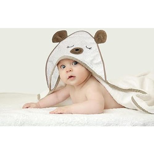 Organic Bath Towel for Newborns & Toddlers - 100% Organic Cotton, Hooded & Embroidered Design, Absorbent, Ultra Soft, 380 GSM, 30"x30", Perfect for Boys & Girls (Bear)