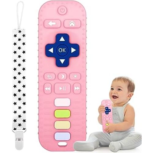 Fu Store Silicone Teething Toys for Infant Toddlers, Remote Control Shape Teethers for Babies Chew Toys, Relief Soothe Babies Gums Set, BPA Free/Freezable/Dishwasher and Refrigerator Safe (Pink)