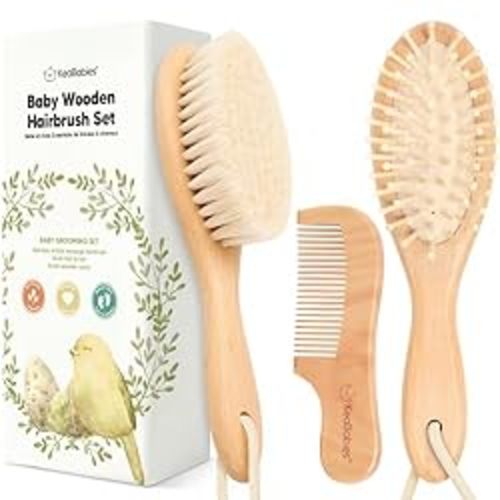 Baby Hair Brush and Comb Set for Newborn - Wooden Baby Hair Brush Set with Soft Goat Bristle, Baby Brush Set for Newborns Baby Brush and Comb Set Girl, Boy, Toddler Cradle Cap Brush (Oval, Walnut) - 3 Count (Pack of 1)