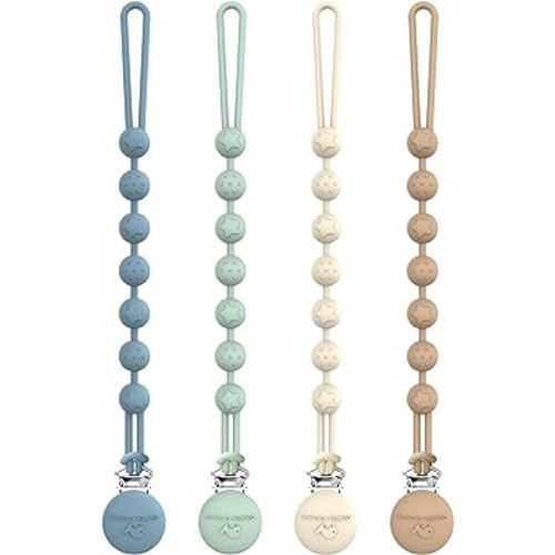 Cuddle Campus Silicone Pacifier Clip Holder with One Piece Design, Pack of 4 Soft Flexible Binky Clips with Texture for Baby Boy and Girl