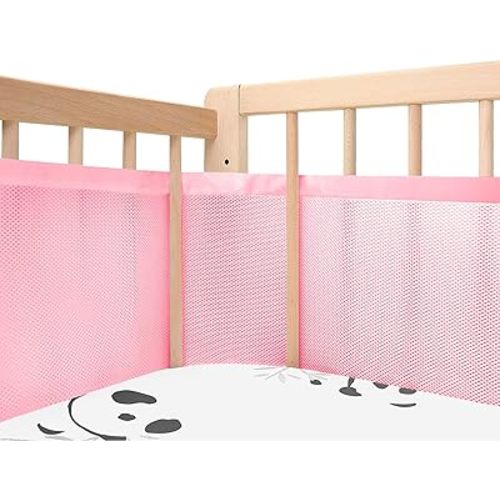 Upgraded Breathable Mesh Crib Liner, More Straps for Fixing Crib Mesh Line, Covers 4 or 3 Sides Baby Bed, 3mm Breathable Mesh Ensures Easy Breathing, Pink