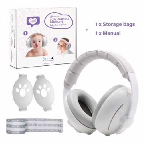 2-in-1 Baby Ear Muffs for Hearing Protection, Noise Cancelling Earmuffs for Babies and Toddlers up to 48 Months, White/Gray