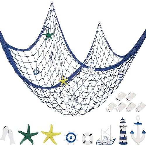 Decorative Fishnet Nautical Fishing Net Wall Hanging Decor, 8 Pieces Starfish, Sailboat, Lighthouse, Life Ring, Rudder, with Transparent Hook for Mermaid Mediterranean Party (Blue)