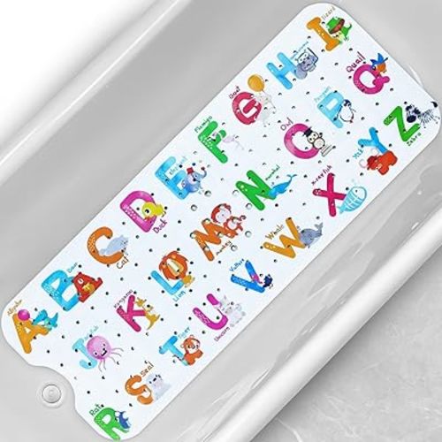 Linoows Baby Bath Tub Mat, Extra Large Non Slip Kids Cartoon Bathtub Shower Mats with Suction Cups & Drain Holes, Machine Washable for Bathroom, 40 x 16 Inch, Alphabet Animals Pattern