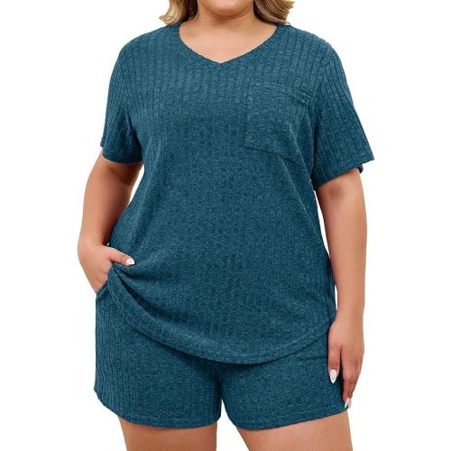 Womens Plus Size Lounge Sets 2 Piece Short Sleeve Tops and Shorts Sleepwear Pajama Set with Pockets