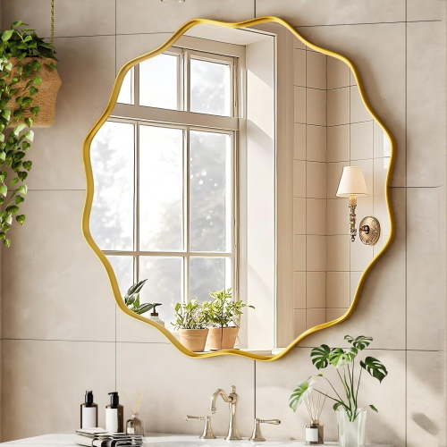 BEAUTYPEAK 30" Wavy Round Bathroom Mirror Wall Decor with Deep Frame, Gold