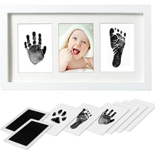 Hand and Footprint Kit - Inkless Handprint Kit With 2 Safe Clean-Touch Ink Pads and Wooden Picture Frame for Newborn - Gifts for New Parents, Baby Shower