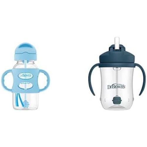 Dr. Brown's Milestones Wide-Neck Sippy Straw Bottle 100% Silicone Handles and Weighted Straw & Baby’s First Cup, Training Cup Dark Blue, 6m+