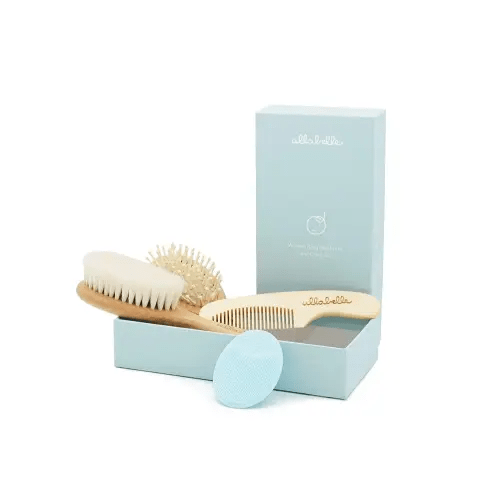 4 Piece Wooden Baby Hair Brush and Comb Set for Newborns & Toddlers in Chic Gift Box - Ultra Soft Natural Goat Hair and Wood Baby Brush Set Prevents Cradle Cap - Perfect Registry Gift (Blue)