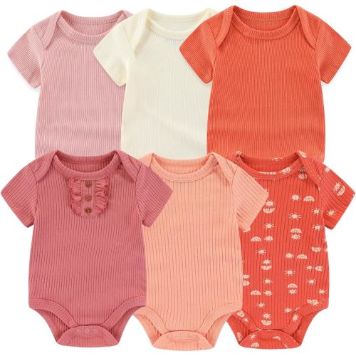 Baby Bodysuit 6 Pack Soft Mixed Ribbed Short Sleeve Romper Infant Boy Girl Clothes Set