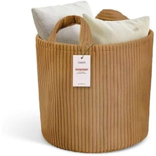 Putska Blanket Basket – Round Storage for Toys and Blankets, Clothes, Stuffed Animals – Soft Baby Girl Basket for Nursery, Kids Room, Bedroom, Living Room – Regular, Brown