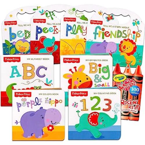 Fisher Price Board Books Ultimate Set For Babies, Toddlers - Bundle Pack of 8 Early Learning Fisher Price Board Books featuring Colors, Numbers, Opposites, and More with Reward Stickers