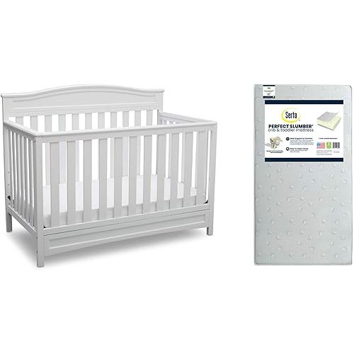 Delta Children Emery 4-in-1 Crib, White + Serta Perfect Slumber Dual Sided Recycled Fiber Core Crib and Toddler Mattress (Bundle)