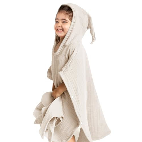 lulumoon Hooded Baby Poncho Towel: Muslin Bath Poncho for Toddler - Kids Beach Poncho Towels 23"x24" (Cream)