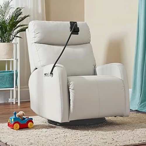 Power Swivel Recliner Chair,Nursery Reclining Sofa Chair with Lumbar Support,Upholstered Faux Leather Electric Glider Recliner for Adults,USB Ports,Removable Phone Holder,Gray