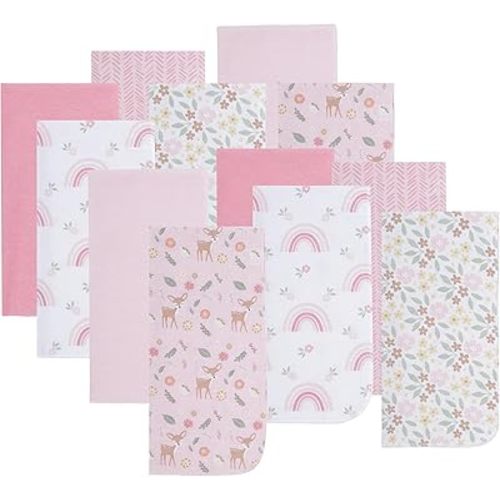 EVERYDAY KIDS 12 Pack Burp Cloths for Baby Girl; Newborn Essential with - Large Absorbent Cotton Flannel Pink Burping Cloths for Babies with Woodlands, Floral and Rainbow Prints and Solids