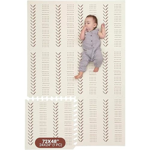 Childlike Behavior XL Baby Play Mat - 72 x 48-Inch Puzzle Play Mat with 6 Foam Floor Tiles - Interlocking Tummy Time Mat for Toddlers and Infants Play Pen - Waterproof and Soft Crawling Mat - Beige