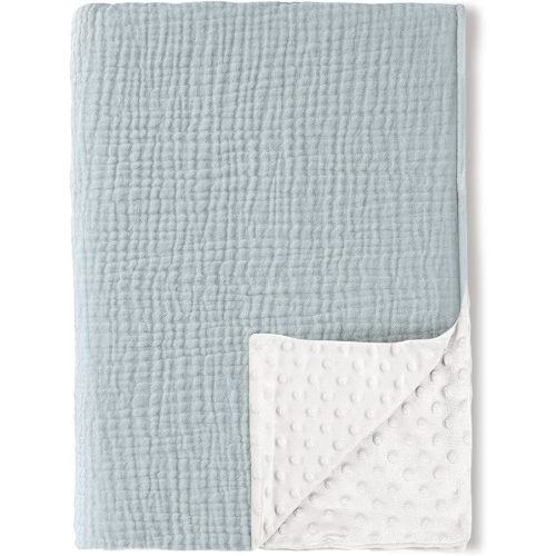 Konssy Baby Blankets for Unisex Boys Girls, Super Soft Nursery Minky Blankets with Muslin Cotton Front and Dotted Fleece Backing, Printed Bed Throws Newborn - Blue