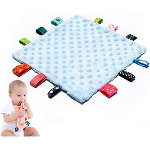 Baby Tags Security Blankets - Baby Soothing Plush Blanket with Colorful Tags, 10"x10" Square Sensory Toys, for 3 Months+ Babies Boys and Girls (Blue)