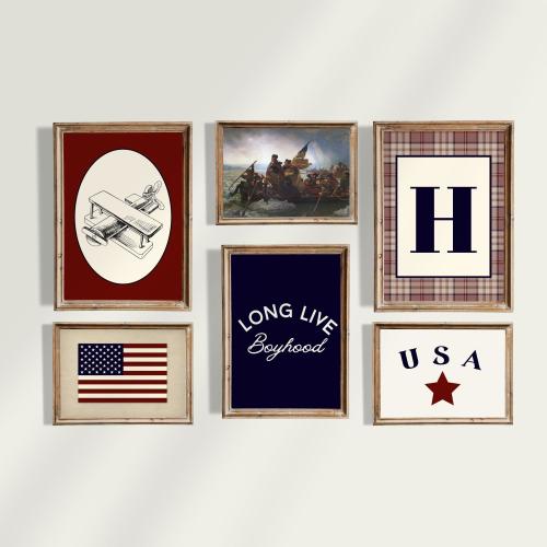 Vintage Americana Nursery Gallery Wall, Transportation Bedroom, Classic Americana, American Heritage Bedroom Wall Art, American Flag Art