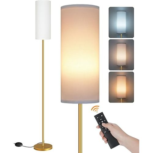 Dimmable Floor Lamp for Living Room with Remote and Foot Switch, Corner Floor Lamp for Bedroom, 66'' Standing Tall Lamp, 10W 900LM LED Bulb Included, 3000K-6500K, Linen Shade, Gold White, FCC Listed