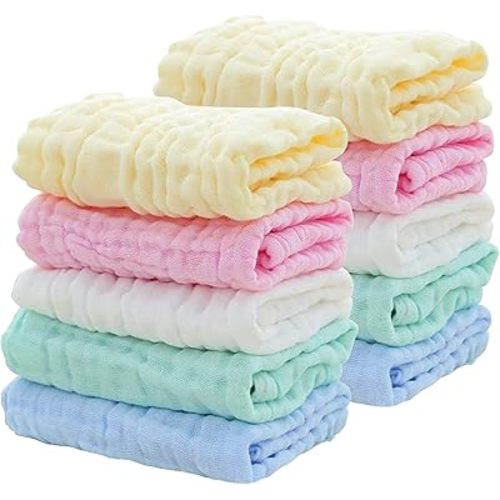 10 Pack Soft Muslin Unisex Baby Washcloths For Daily Use, 100% Cotton Set For Delicate Skin. Soft and Super Absorbent, Newborn Baby Essentials And Baby Registry,12x12 Inches (Multicolored)