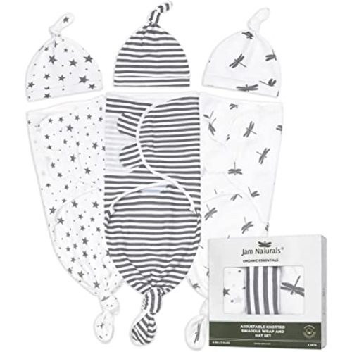 Jam Naturals- Organic Knotted Tie Bottom Adjustable Velcro Swaddle and Hat Set of 3, Newborn Sleep Sack (0-3m, 7-14lbs Grey)
