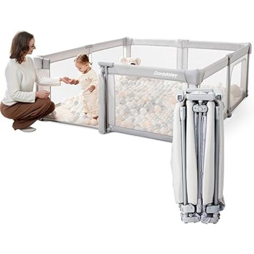 Doradotey Baby Playpen Foldable, Pre-Assembled Play Pen for Babies and Toddlers, 71"x71" Large Playards for Indoors, Baby Fence Play, Light Grey with Door