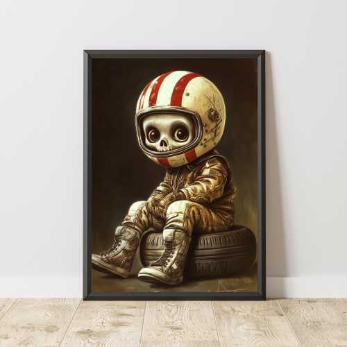 Skeleton Biker Kid Wall Art – Creepy Cute Motorcycle Helmet Poster, Digital Download