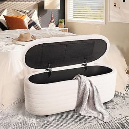 43in Upholstered Storage Ottoman Bench for Bedroom, Living Room - Teddy Cream White