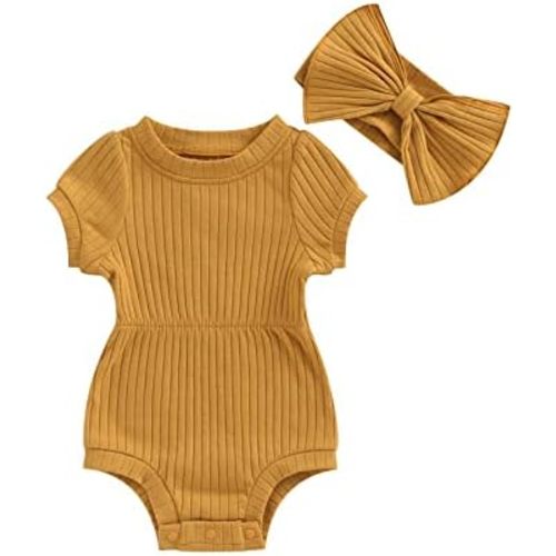 Baby Girl Summer Clothes Ribbed Short Sleeve Romper Solid Color Bodysuits Bow Headband Outfit Newborn Girl Jumpsuit