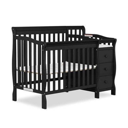 Dream On Me Jayden 4-in-1 Mini Convertible Baby Crib And Changer in Black, Greenguard Gold Certified, Non-Toxic Finish, New Zealand Pinewood, 1" Mattress Pad
