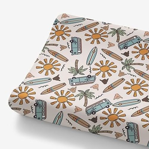 HawSkgFub Hawaii Beach Surf Summer Vibe Changing Pad Cover for Baby Boys, Tropical Coconut Tree Sun Diaper Change Table Covers, Soft Stretchy Safe Snug Fitted Changing Mat Sheets Fit 32"/34" x 16"