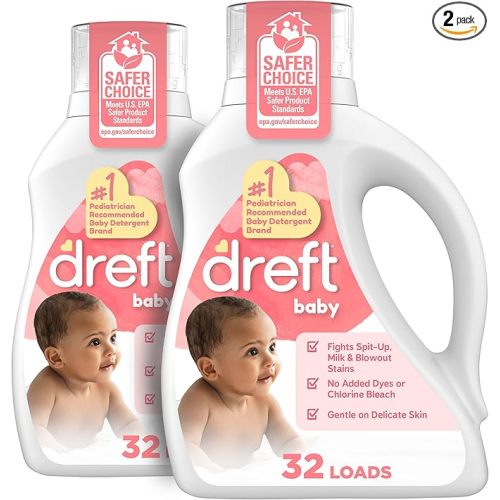 Dreft Baby Liquid Laundry Detergent, Gentle on Sensitive Skin Laundry Soap, 42 fl oz, 32 Loads, Pack of 2 (Packaging May Vary)