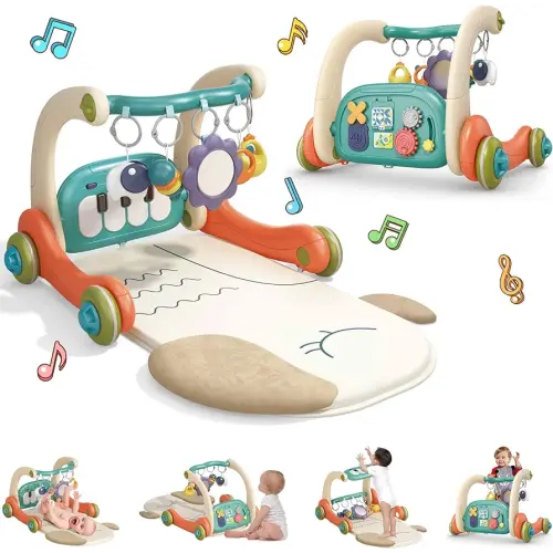 3 in 1 Baby Play Mat Gym, Kick and Play Piano Gym with Music Light, Activity Tummy Time Play mat with 5 Learning Sensory Toys, Infant Gifts for Newborn Baby Toddler 0-14 Months