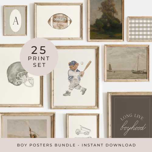 Boy Gallery Wall Set of 25 Sports Print Muted Tones Room Decor Vintage Green Baby Boy Nursery Print Set Big Boy Room Art Boy Playroom Decor