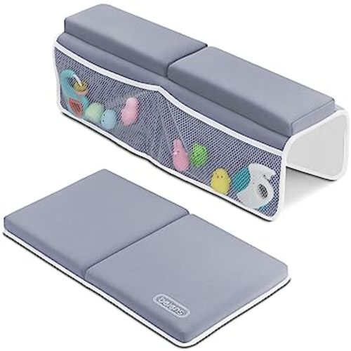 beiens Bath Kneeler and Elbow Rest Pad, 1.5'' Thick Quickly Dry Kneeling Pad and Elbow Support for Knee & Arm Support Large Bathtub Kneeling Mat with Toy Organizer for Happy Baby Bathing Time (Grey)