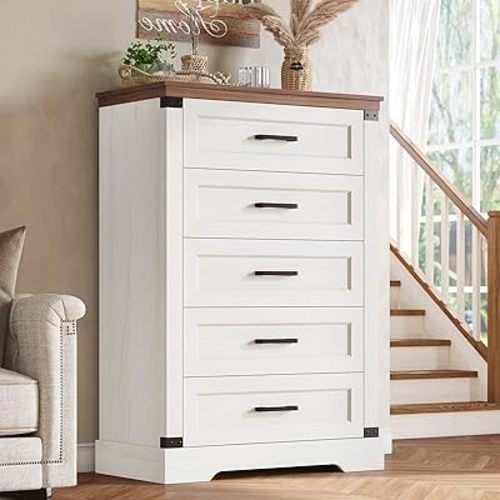 Hasuit Farmhouse 5 Drawers Dresser for Bedroom, Wooden Tall Chest of Drawers with Thick Styling and Wide Drawer, Large Capacity Closet Storage Organizer, White Dresser for Bedroom Living Room Hallway