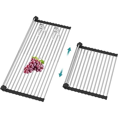 BBXTYLY Extra Expandable Roll Up Dish Drying Rack,Over The Sink Drying Rack Sink Cover Kitchen Sink Accessories Kitchen Rolling up Stainless Steel Drainer, Foldable,Rollable(Black,22.8''-12.4'')