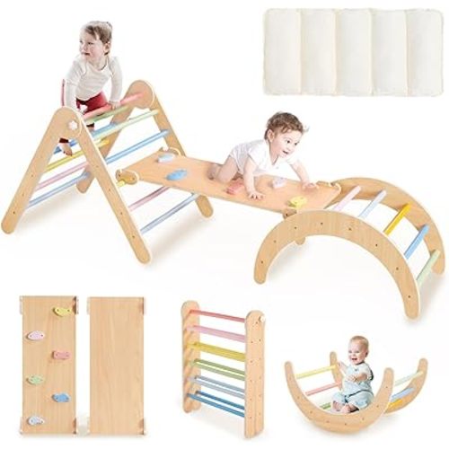 Beright PiklerTriangle Set Upgraded with White Cushion, Set 7in1 Foldable Toddler Climbing Toys, Wooden Montessori Climbing Set Indoor Jungle Gyms with Arch, Ramp, Ladder, Rainbow