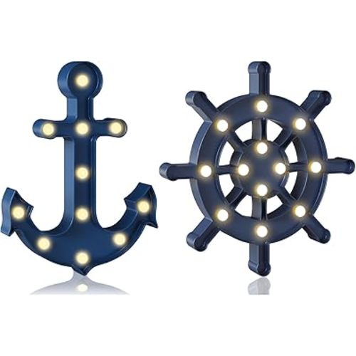 2 Pack Blue Anchor & Ship Wheel Night Light-Battery Operated, Wall Hanging or Tabletop, 3D Nautical Nursery Decor, Kids Bedroom Ocean Theme, No USB Needed, Gift for Sailor & Beach Lovers