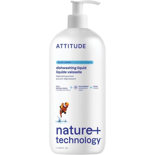 ATTITUDE Dishwashing Liquid, EWG Verified, Vegan Dish Soap, Plant Based, Naturally Derived Products, Wildflowers, 33.8 Fl Oz