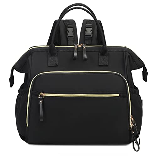 LORADI Convertible Diaper Bag Tote, Wide Open Top 14 Pockets Nappy Changing Backpack with Stroller Buckle, Water-resistant (Black-gold)