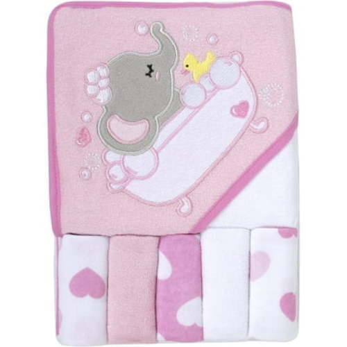 Baby Essentials 6 Piece Embroidered Hooded Cotton Bath Towel and Washcloth Set for Infants, Newborns and Toddlers 6 – 12 Months for Bath Time, Showers, Lounge, Beach and Pool in Effervescent Elephant