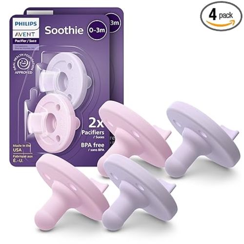 Philips Avent Soothie Baby Pacifiers - 100% Silicone Pacifiers for Babies 0-3 Months, One-piece Design, BPA-Free, Extra Durable, Lilac and Pink, 4 Pack, Model SCF190/70