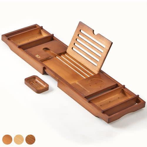 XcE Bathtub Caddy Tray Expandable to 105cm with Bamboo Book Stand and Soap Tray, Brown